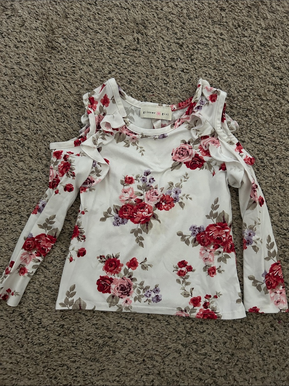 Girls size 4T Glitter girl floral top with ruffle sleeves & shoulder cut outs